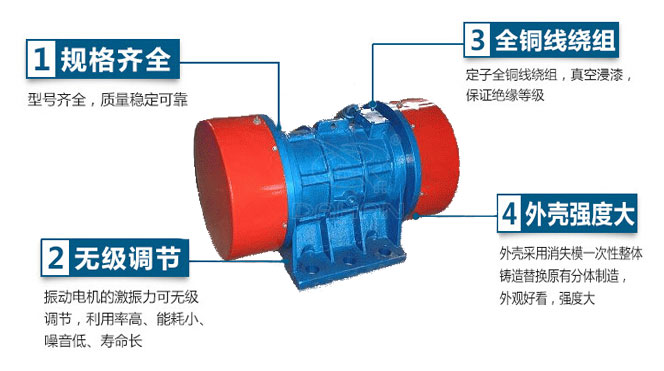 VB振動電機(jī)特點：1，規(guī)格齊全：型號齊全，質(zhì)量穩(wěn)定可靠。2，無極調(diào)節(jié)：振動電機(jī)的激振力可無極調(diào)節(jié)，利用率高，能耗小，噪音低，壽命長。4，外殼輕度大：外殼采用消失模一次性整體鑄造替換原有分體制造，外觀好看，強(qiáng)度大。