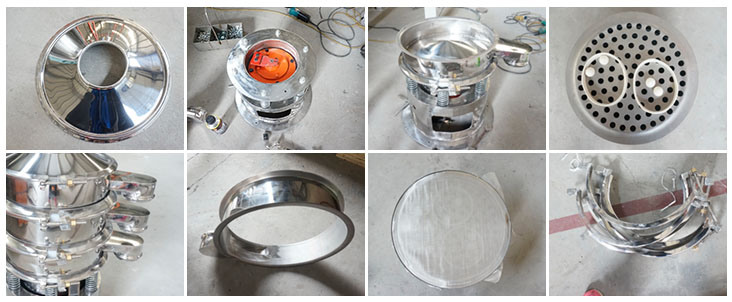 不銹鋼振動(dòng)篩結(jié)構(gòu)展示：防塵蓋，出料口，閘門，篩網(wǎng)于彈跳球，底座，振動(dòng)彈簧等。