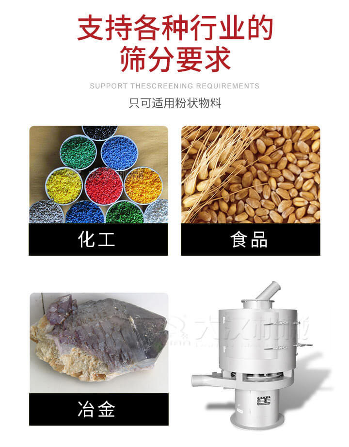 氣流篩用于礦粉，石墨粉，活性納米碳酸鈣，鋁灰，大豆粉，碳酸重鈣，石墨粉，木粉，干草，重金石粉，藥粉末，橡膠顆粒，草酸鹽，干料粉，木粉，聚酯粉，干粉，塑料，金屬粉末，橡膠粉，粉煤灰，石墨粉，陶瓷粉，鋅粉，石英粉，石灰粉，鐵粉，金屬硅粉等。