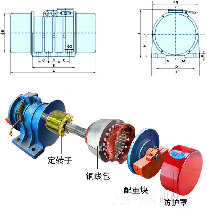 ZFB倉壁振動器外形尺寸字母代表：A為整機(jī)長度F為整機(jī)寬度B為主機(jī)寬度等。結(jié)構(gòu)：定轉(zhuǎn)子，銅線包，配重塊，防護(hù)罩等。