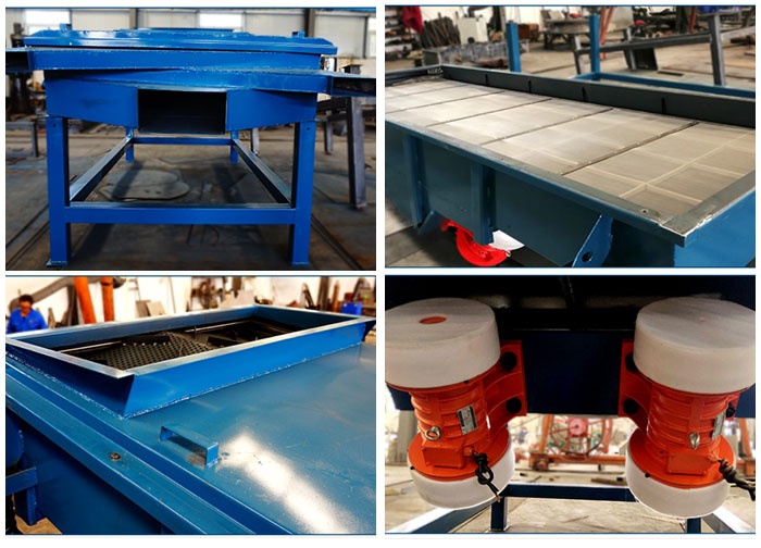 方形振動(dòng)篩出料口，篩網(wǎng)和網(wǎng)架，進(jìn)料口，振動(dòng)電機(jī)等細(xì)節(jié)展示。