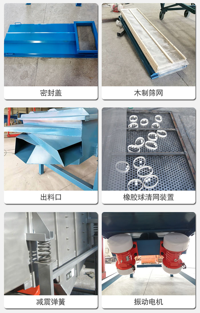 直線篩結構展示：篩網(wǎng)，篩箱，振動電機，振動電機座，減震彈簧，支架等部件展示圖
