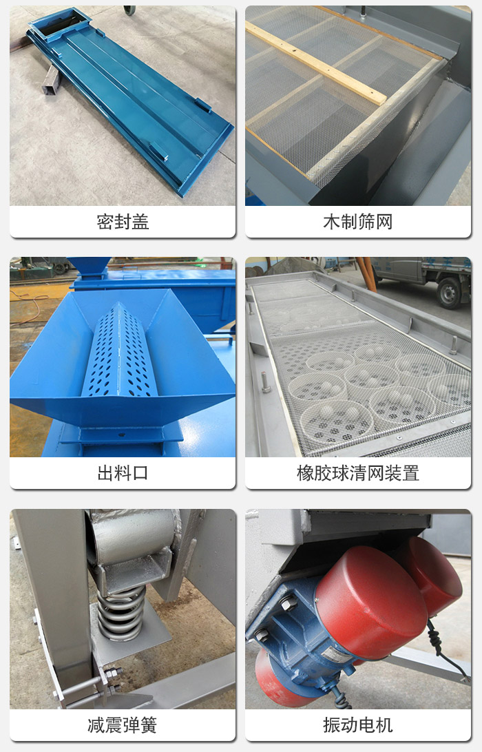 直線篩分機(jī)的結(jié)構(gòu)展示圖：篩箱是物料主要篩分設(shè)備之一，篩網(wǎng)用于篩分物料，振動電機(jī)幫助篩網(wǎng)篩分。