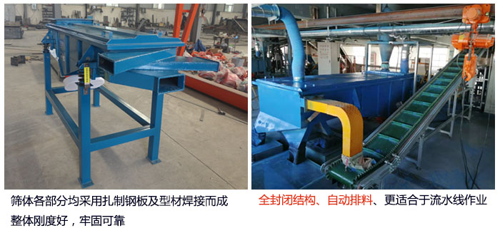 直線篩分機(jī)篩體各部分均采用扎制鋼板及型材焊接而成整體剛度好，牢固可靠；全封閉結(jié)構(gòu)、自動排料、更適合于流水線作業(yè)。
