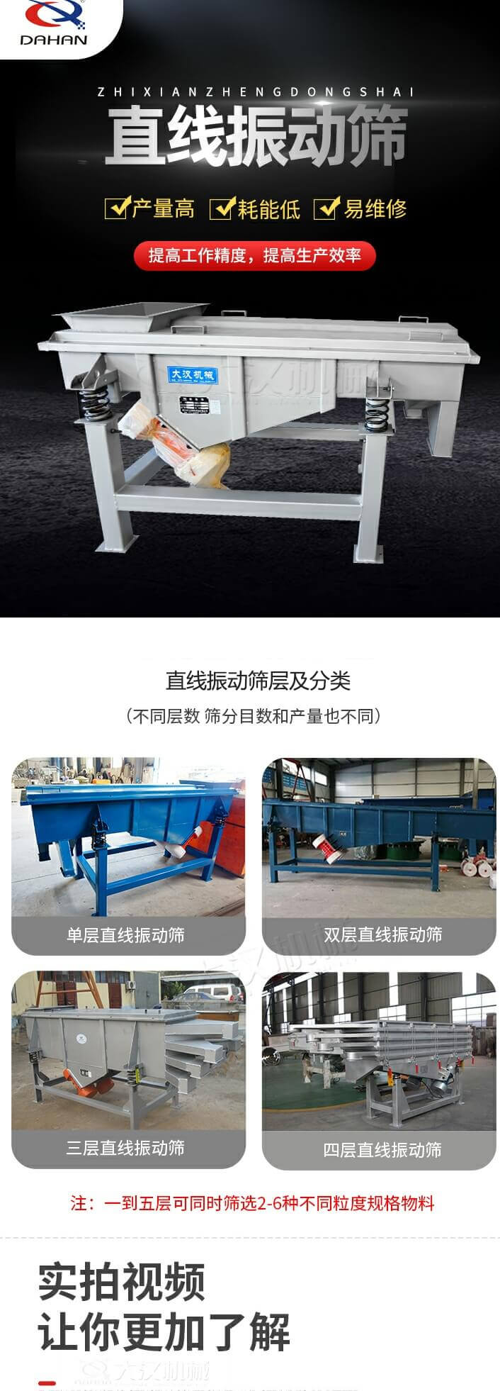 直線振動(dòng)篩概述，產(chǎn)量高，耗能低，易維修，提高工作精度，提高生產(chǎn)效率，直線振動(dòng)篩層級(jí)分類：不同層數(shù)，篩分目數(shù)和產(chǎn)量也不同：?jiǎn)螌?，雙層，三層，四層等。