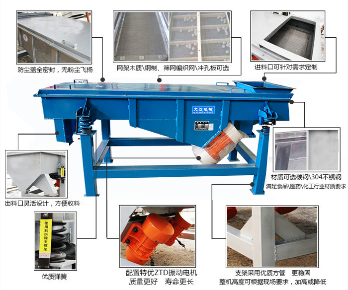 方形振動(dòng)篩結(jié)構(gòu)包括：防塵蓋：全密封，無(wú)粉塵飛揚(yáng)。網(wǎng)架木質(zhì)/鋼制，篩網(wǎng)編織網(wǎng)/沖孔板可選。進(jìn)料口可針對(duì)需求定制。出料口靈活設(shè)計(jì)，方便受料，材質(zhì)可選碳鋼/304不銹鋼滿足食品/醫(yī)藥/化工行業(yè)材質(zhì)要求。優(yōu)質(zhì)彈簧。配置特優(yōu)ZTD振動(dòng)電機(jī)質(zhì)量更好，壽命更長(zhǎng)。支架采用優(yōu)質(zhì)方管，更穩(wěn)固整機(jī)高度可根據(jù)現(xiàn)場(chǎng)要求，加高或降低。