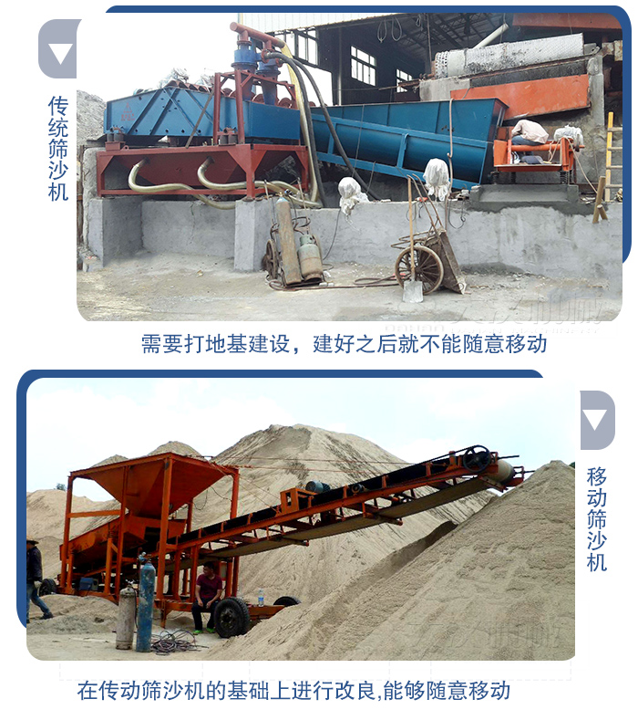 移動的篩沙機在安裝前需要打地基，而固定完畢后就不能隨意的移動，而移動篩沙機不需要打地并且隨時能夠進行移動。