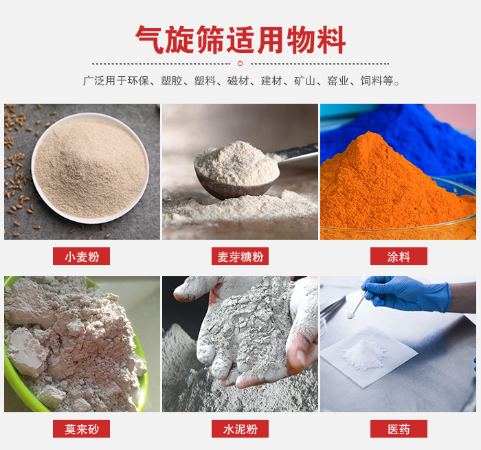 氣旋篩適用物料：小麥粉，麥芽糖粉，涂料，等粉狀物料。