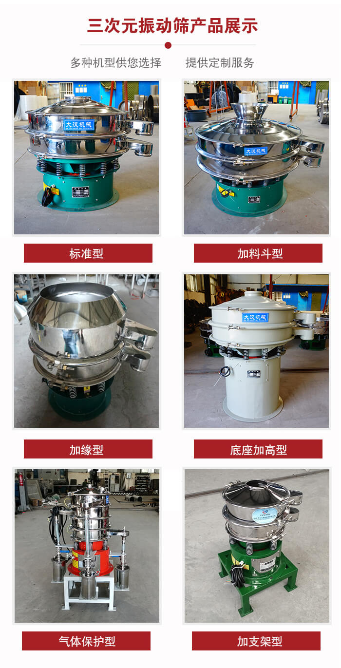 三次元振動篩不同結(jié)構(gòu)展示：標(biāo)準(zhǔn)型，加料斗型，加緣型，底座加高型，氣體保護(hù)型，加支架型。