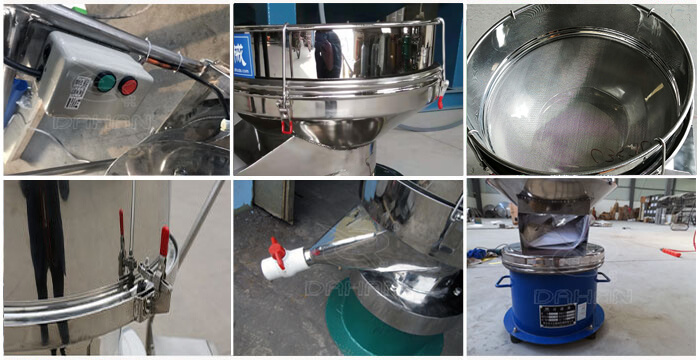 過濾篩細節(jié)展示：控制開關，篩框，出料口閥門，底座等